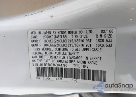 2006 Honda Cr-V Se z USA, uszkodzony, nr VIN JHLRD78976C044790